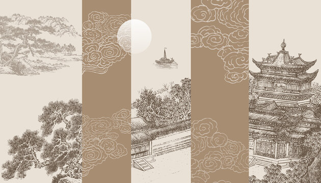 中式樓閣刺繡山水畫