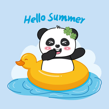 卡通熊貓鴨子游泳圈矢量插畫