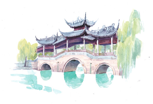 江蘇靜思園廊橋水彩插畫