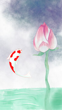 荷花和紅鯉魚