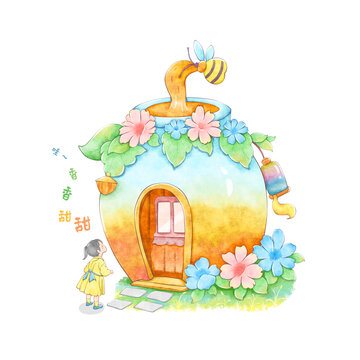 創(chuàng)意蜂蜜小房子水彩插畫
