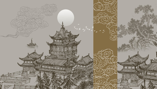 中式山水閣樓背景壁畫