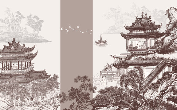 中式山水樓閣背景墻