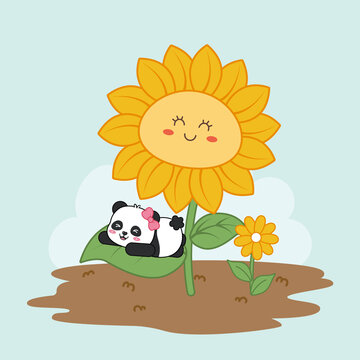 卡通熊貓向日葵矢量插畫