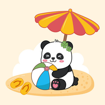 卡通Q版熊貓玩球夏日矢量插畫