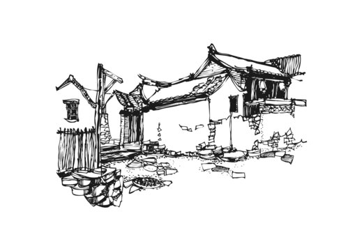 爨底下建筑手繪黑白