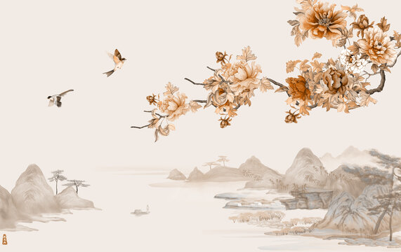 國潮花鳥山水背景