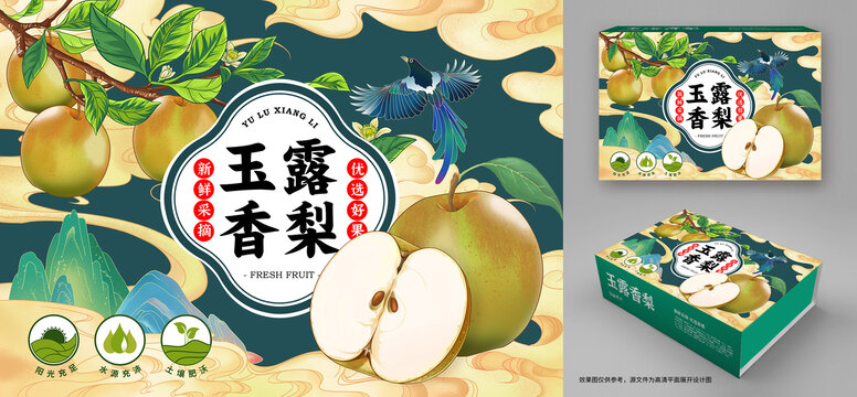 玉露香梨包裝禮盒國潮插畫