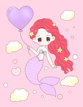 粉色甜美Q版美人魚插畫