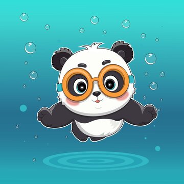 熊貓游泳卡通Q版矢量插畫