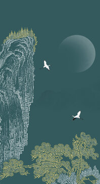 工筆圓形線描描金山水中式玄關(guān)畫