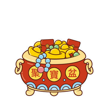 卡通春節(jié)聚寶盆矢量插畫