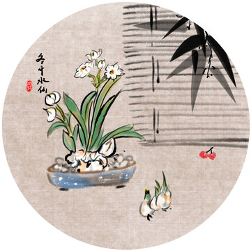 手繪水墨水仙花小品