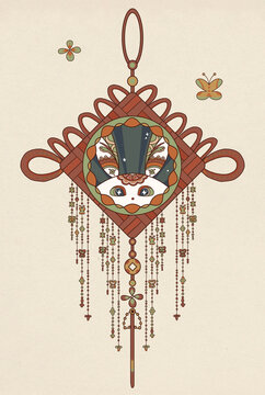 傳統(tǒng)紅色中國結(jié)玉兔插畫