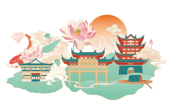 荷花上的古建筑
