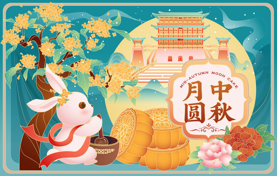 中秋節(jié)玉兔搗藥國(guó)潮矢量插畫(huà)