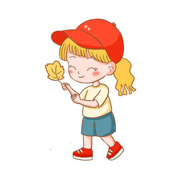 手繪卡通女孩秋游免摳元素