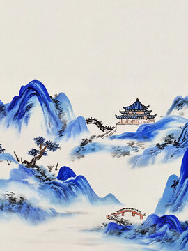 水墨青花國風(fēng)山水裝飾畫