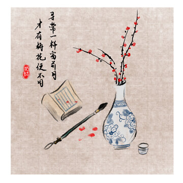 手繪花瓶梅花裝飾畫