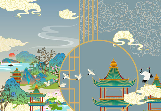 亭臺樓閣復古建筑背景墻