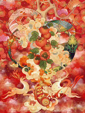 蛇年雙鹿祝福新年插畫