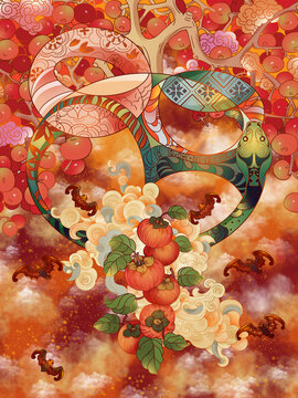 蛇年柿柿如意祝福新年插畫