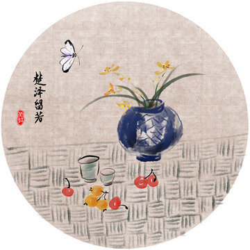 手繪蘭花花瓶靜物