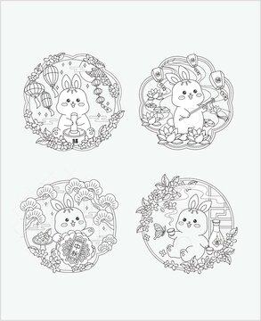中秋兔子玉兔插畫線描四個(gè)