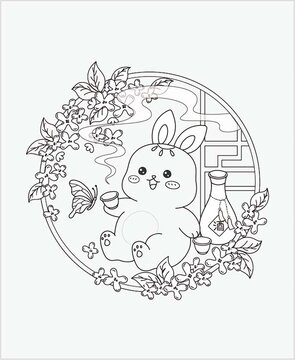 中秋兔子玉兔桂花酒線描
