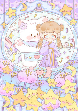 小場景插畫女孩花朵小熊漢服