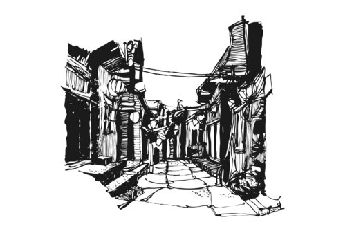 老街古鎮(zhèn)建筑手繪線稿