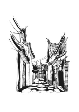 麗江古鎮(zhèn)建筑手繪線稿