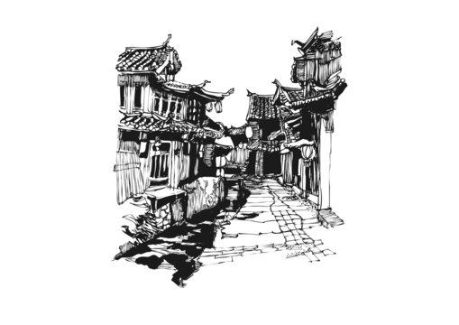 麗江古鎮(zhèn)建筑老街手繪線稿