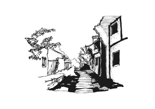 建筑手繪線稿村莊街道