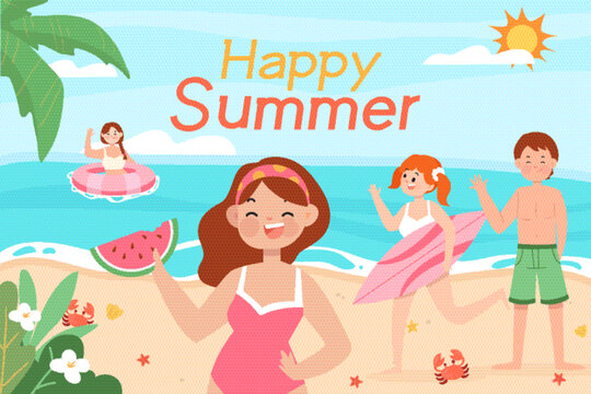 夏天海邊沙灘度假玩樂矢量插畫