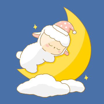 在月亮上睡覺的小羊插畫