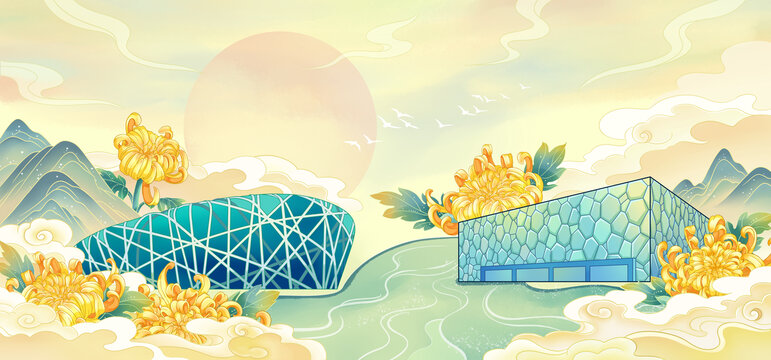 北京鳥巢水立方插畫