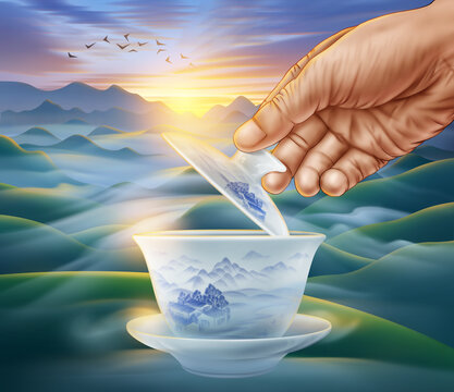 蓋碗茶水墨山水