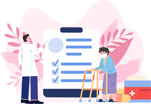 老年人就診醫(yī)生分析病歷矢量插畫