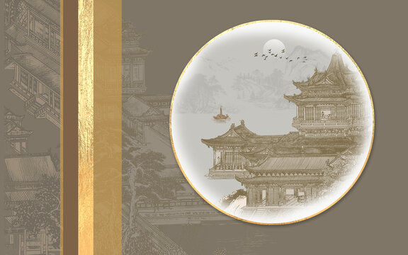 山水樓閣背景墻