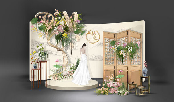 香檳色中式婚禮迎賓區(qū)木質(zhì)屏風