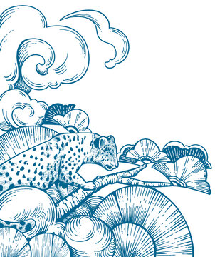 線描松樹上的豹子插畫