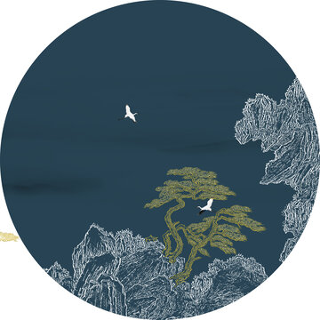 中式圓形線描山水描金裝飾畫