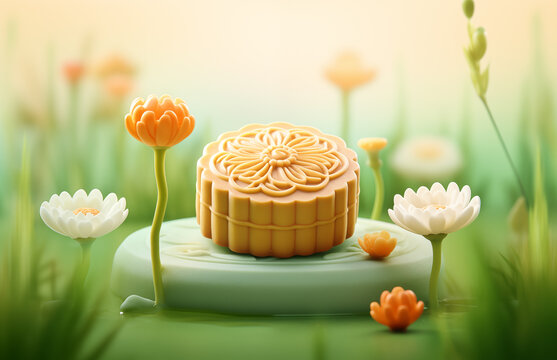 卡通3D美味的月餅插畫