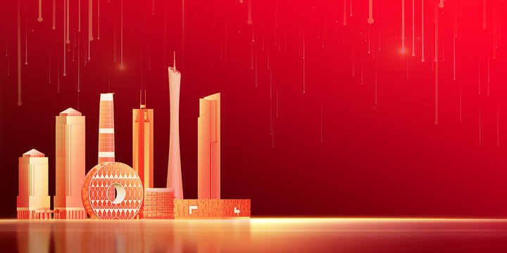 3D廣州城市建筑插畫紅色