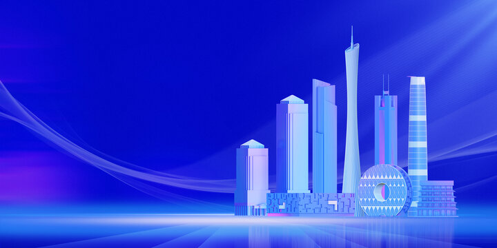 3D廣州城市建筑插畫藍(lán)色
