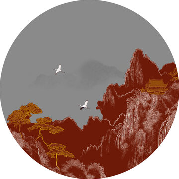 手繪線描圓形古建筑描金山水畫