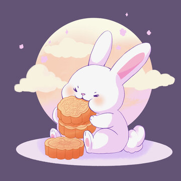 中秋兔子吃月餅插畫