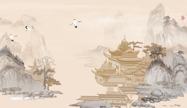 山水樓閣背景墻