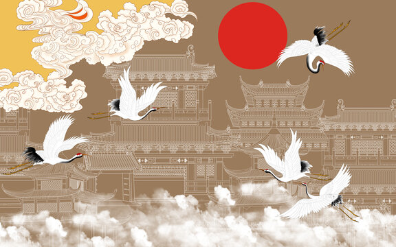樓閣仙鶴